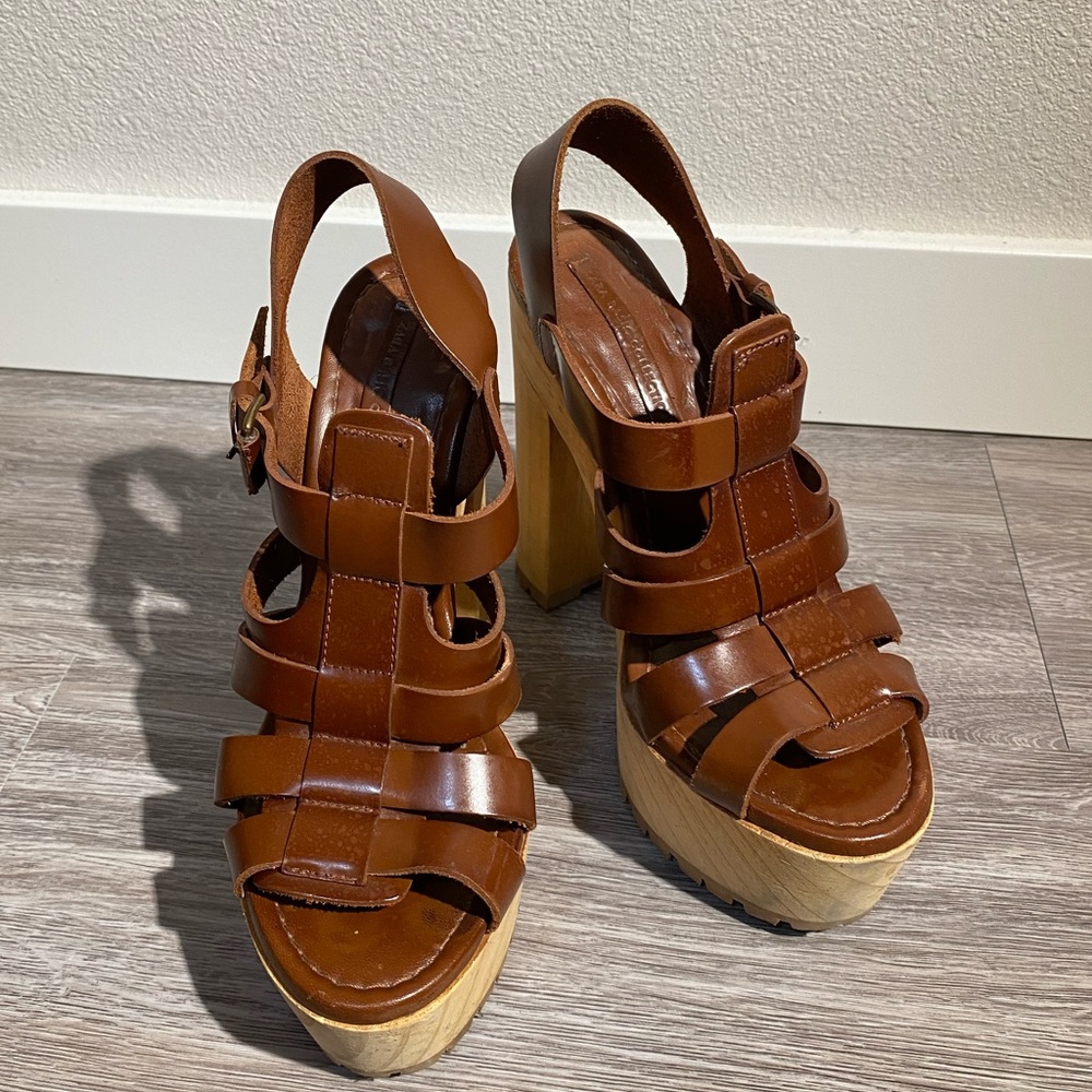 Brown leather platform sandals